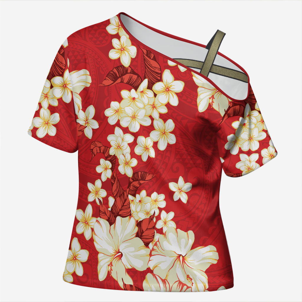 Hawaii Hibiscus Plumeria Red Cross Shoulder Shirt Polynesian Pattern