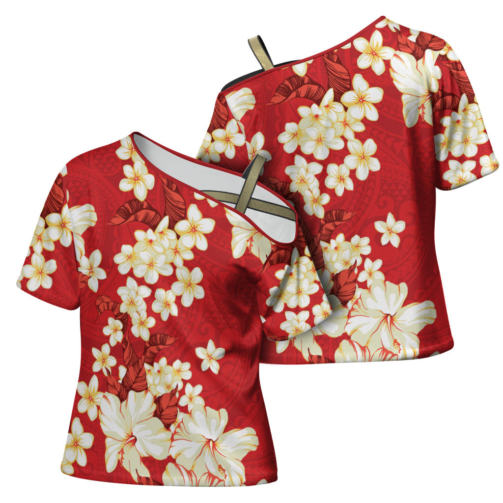 Hawaii Hibiscus Plumeria Red Cross Shoulder Shirt Polynesian Pattern