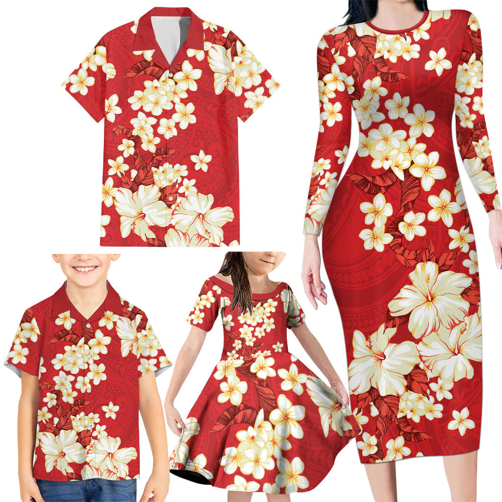 Hawaii Hibiscus Plumeria Red Family Matching Long Sleeve Bodycon Dress and Hawaiian Shirt Polynesian Pattern LT01 - Polynesian Pride