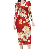 Hawaii Hibiscus Plumeria Red Family Matching Long Sleeve Bodycon Dress and Hawaiian Shirt Polynesian Pattern LT01 Mom's Dress Red - Polynesian Pride