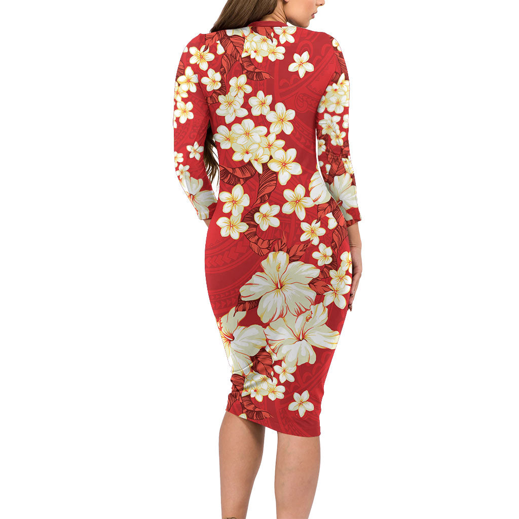 Hawaii Hibiscus Plumeria Red Family Matching Long Sleeve Bodycon Dress and Hawaiian Shirt Polynesian Pattern LT01 - Polynesian Pride