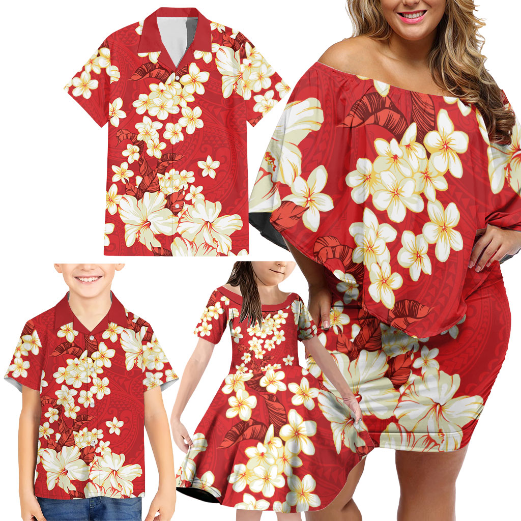 Hawaii Hibiscus Plumeria Red Family Matching Off Shoulder Short Dress and Hawaiian Shirt Polynesian Pattern
