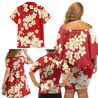 Hawaii Hibiscus Plumeria Red Family Matching Off Shoulder Short Dress and Hawaiian Shirt Polynesian Pattern