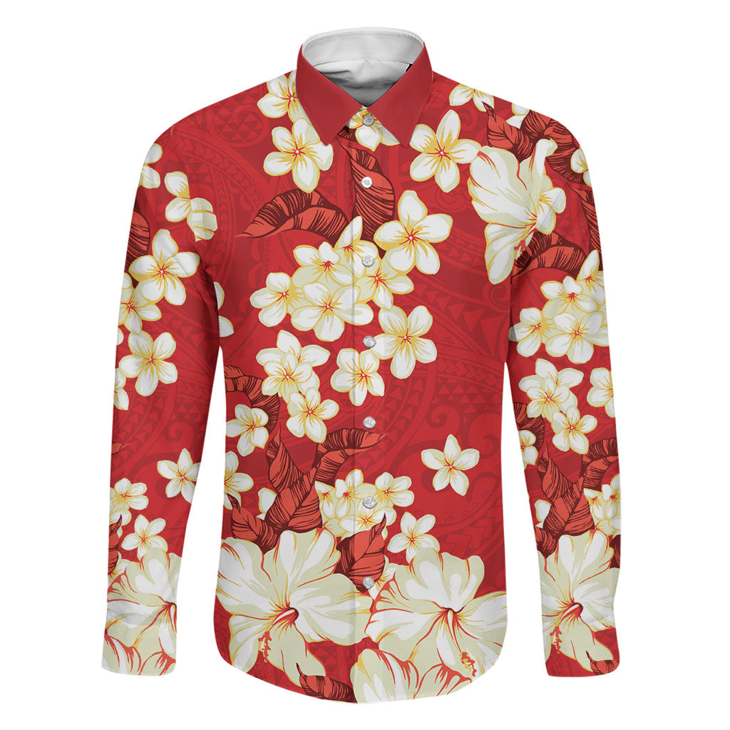 Hawaii Hibiscus Plumeria Red Family Matching Off Shoulder Short Dress and Hawaiian Shirt Polynesian Pattern