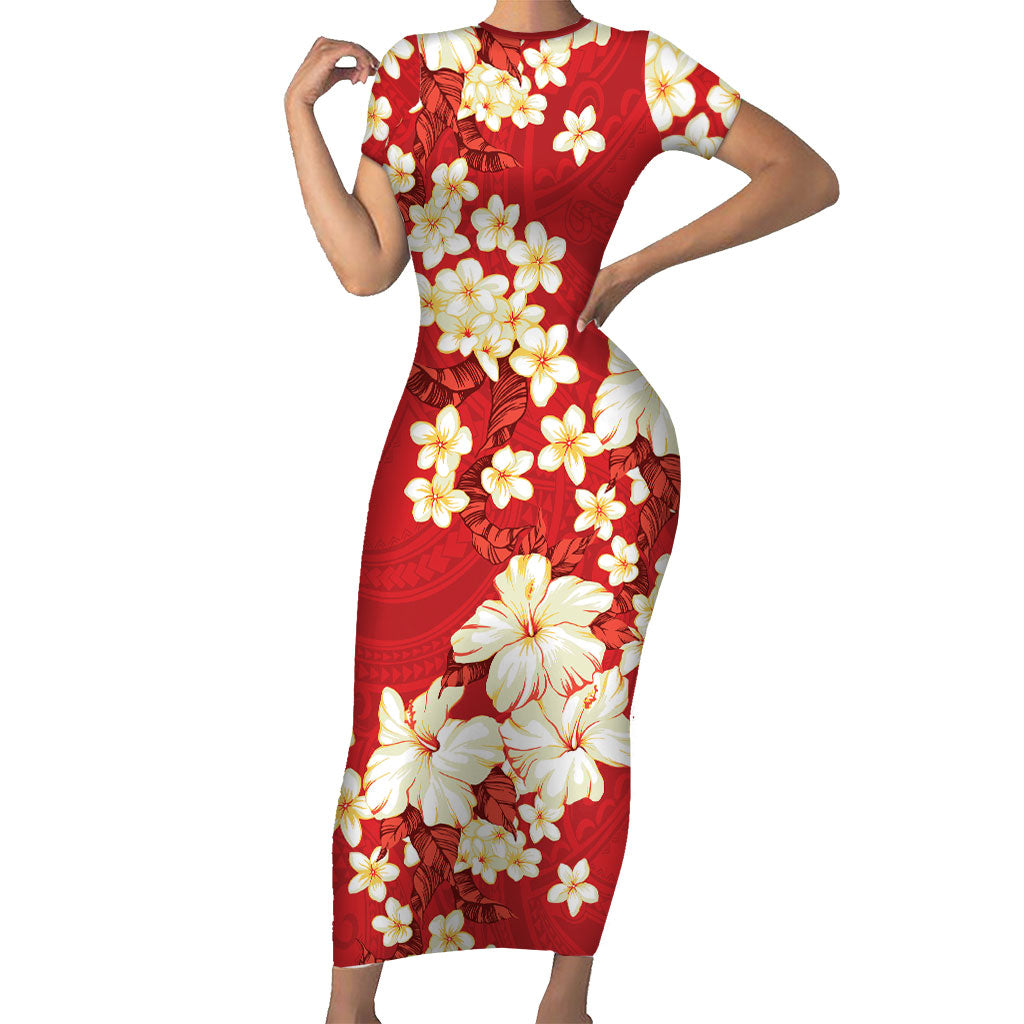 Hawaii Hibiscus Plumeria Red Family Matching Short Sleeve Bodycon Dress and Hawaiian Shirt Polynesian Pattern LT01 Mom's Dress Red - Polynesian Pride