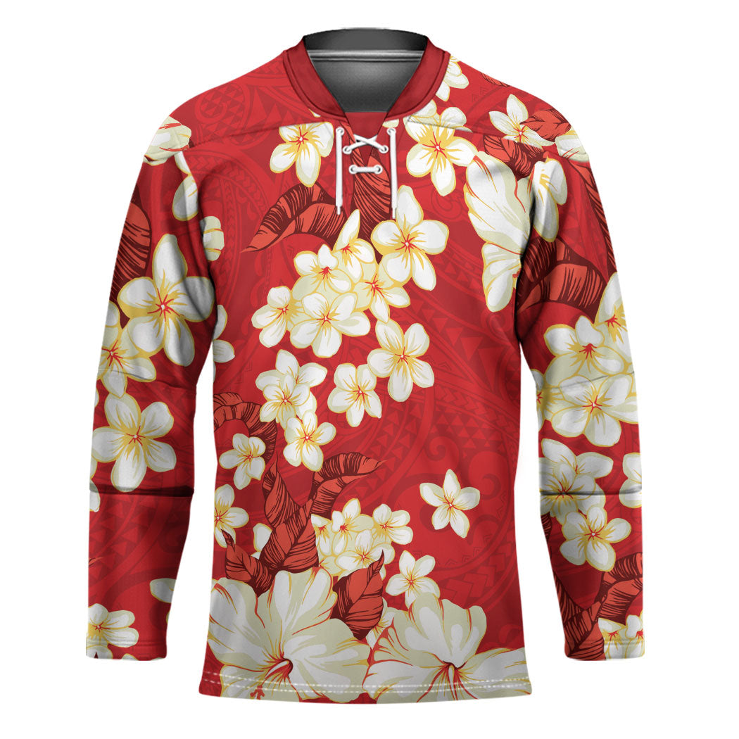 Hawaii Hibiscus Plumeria Red Hockey Jersey Polynesian Pattern