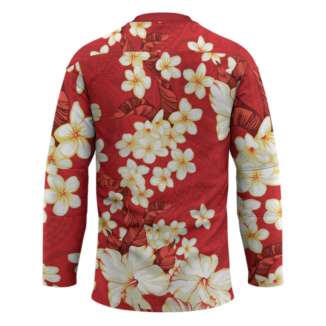 Hawaii Hibiscus Plumeria Red Hockey Jersey Polynesian Pattern