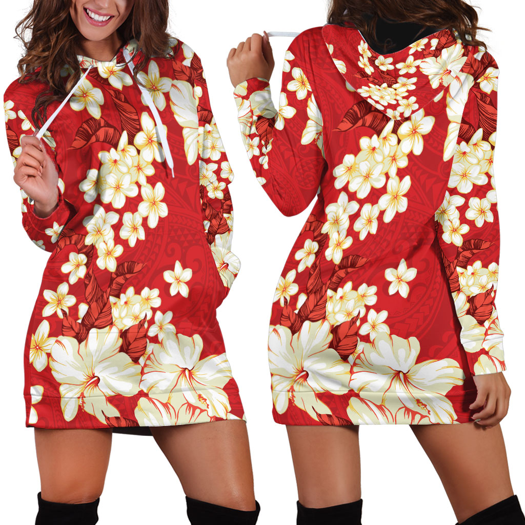 Hawaii Hibiscus Plumeria Red Hoodie Dress Polynesian Pattern