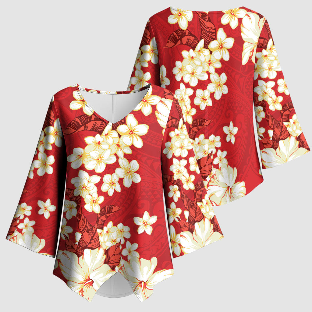 Hawaii Hibiscus Plumeria Red Kimono Sleeve Blouse Polynesian Pattern LT01 - Polynesian Pride