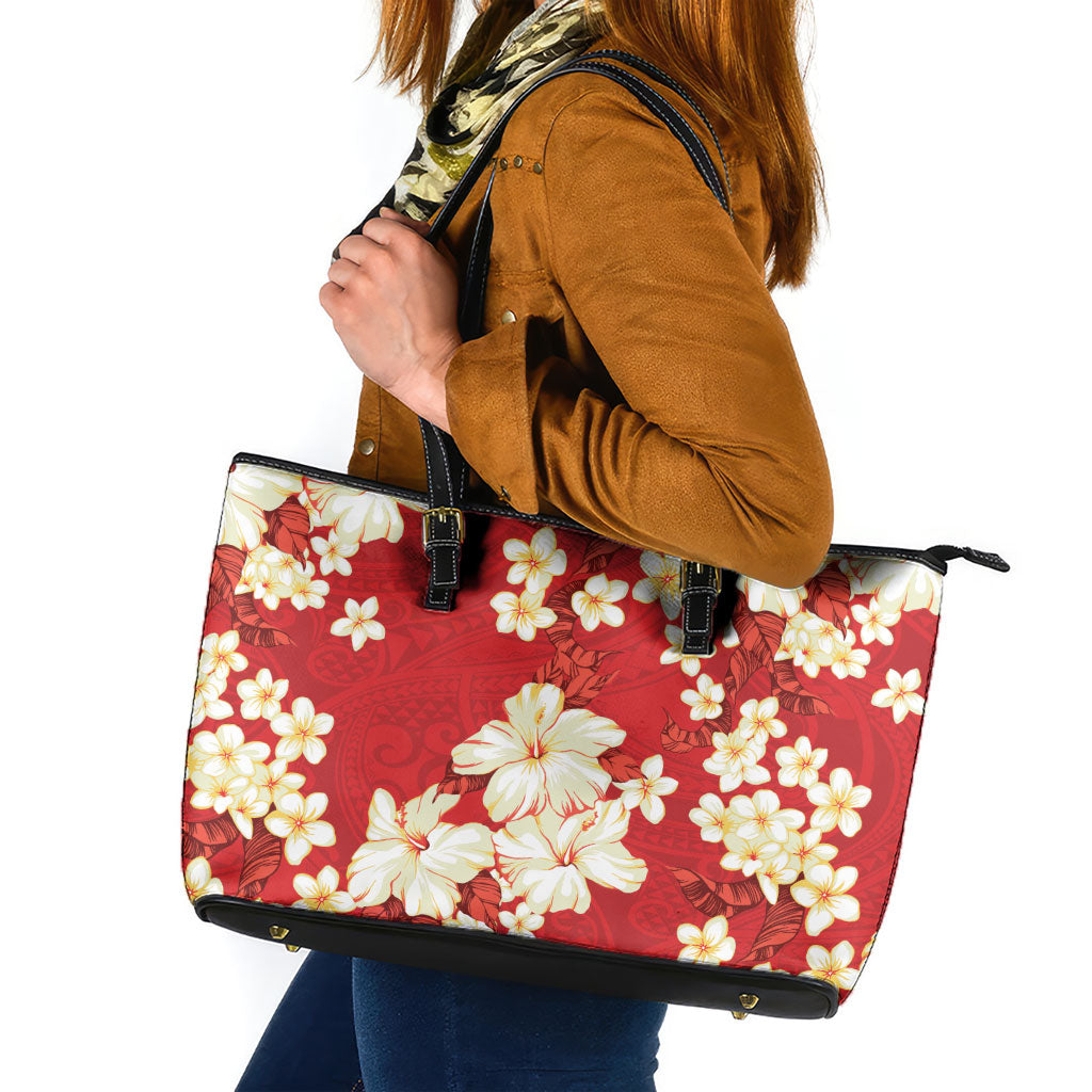 Hawaii Hibiscus Plumeria Red Leather Tote Bag Polynesian Pattern