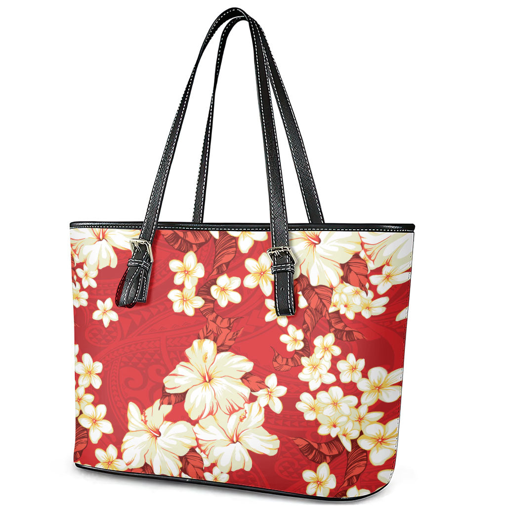 Hawaii Hibiscus Plumeria Red Leather Tote Bag Polynesian Pattern