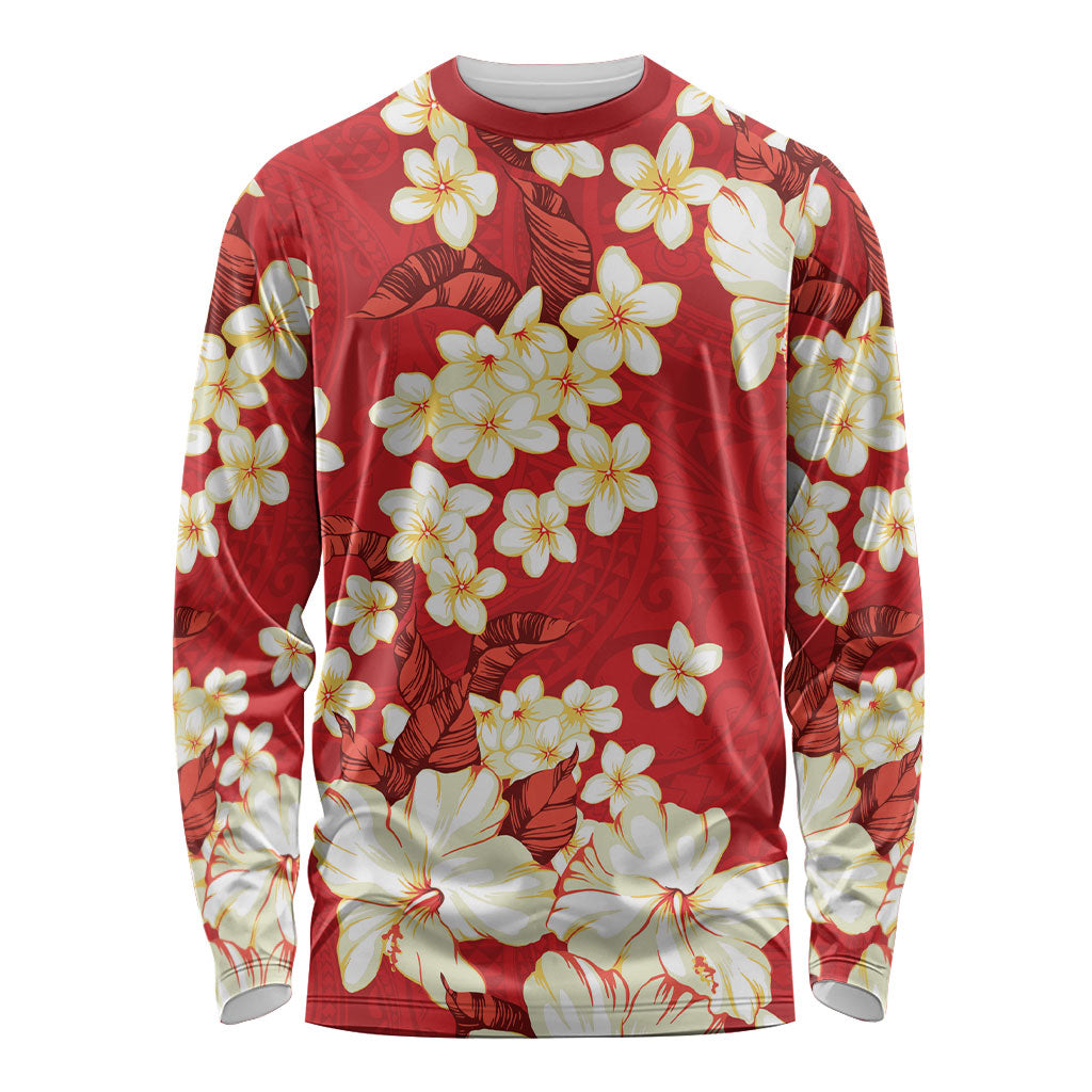 Hawaii Hibiscus Plumeria Red Long Sleeve Shirt Polynesian Pattern LT01 Unisex Red - Polynesian Pride