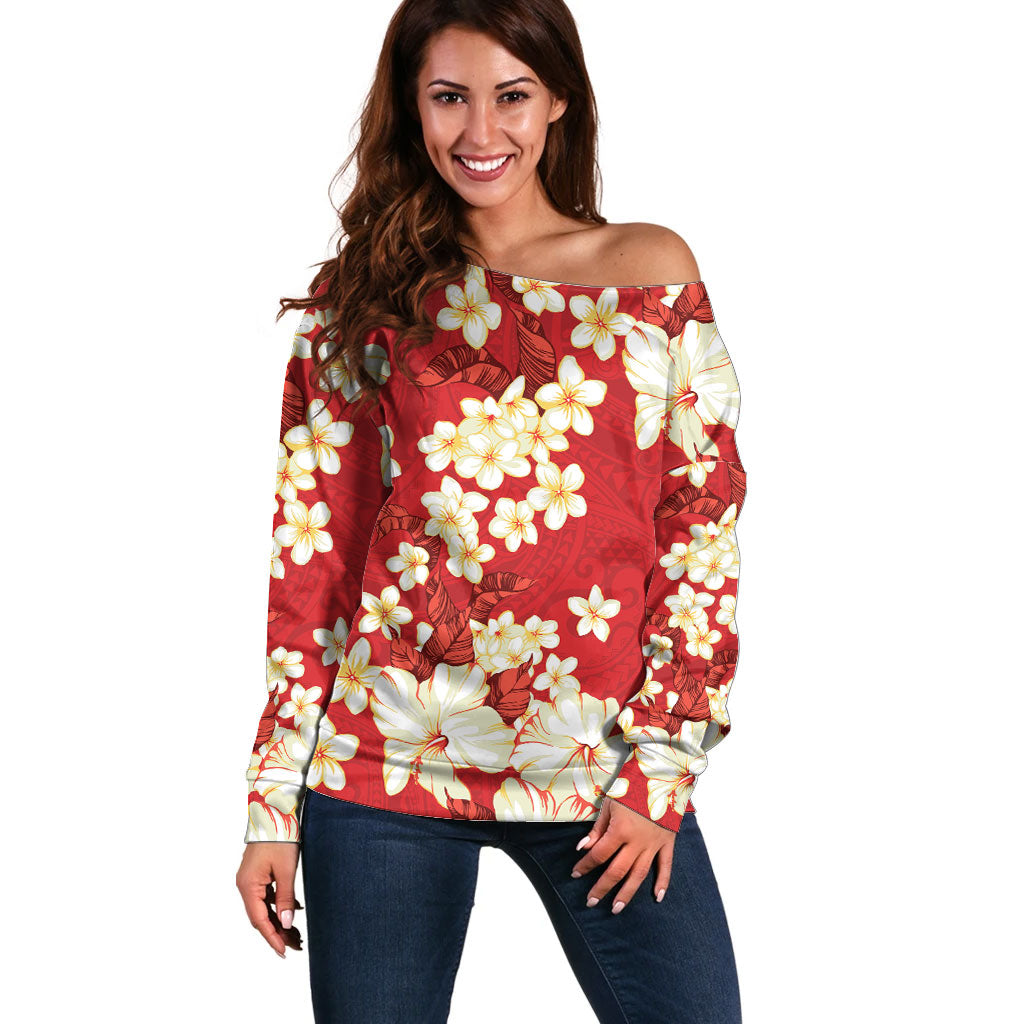 Hawaii Hibiscus Plumeria Red Off Shoulder Sweater Polynesian Pattern LT01 Women Red - Polynesian Pride