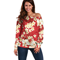 Hawaii Hibiscus Plumeria Red Off Shoulder Sweater Polynesian Pattern LT01 Women Red - Polynesian Pride