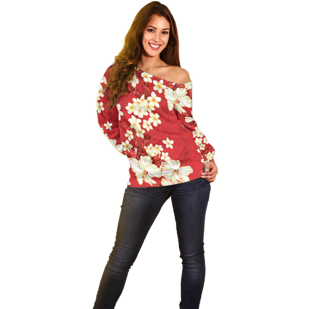Hawaii Hibiscus Plumeria Red Off Shoulder Sweater Polynesian Pattern LT01 - Polynesian Pride