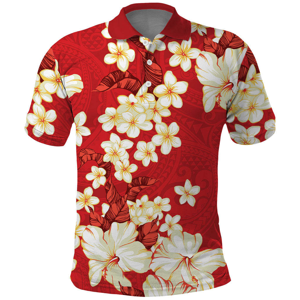 Hawaii Hibiscus Plumeria Red Polo Shirt Polynesian Pattern