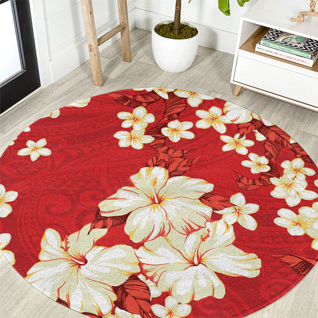 Hawaii Hibiscus Plumeria Red Round Carpet Polynesian Pattern LT01 Red - Polynesian Pride