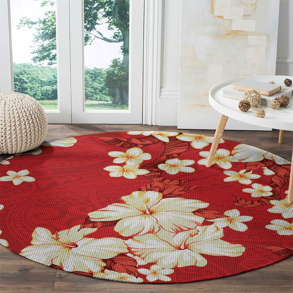 Hawaii Hibiscus Plumeria Red Round Carpet Polynesian Pattern LT01 - Polynesian Pride