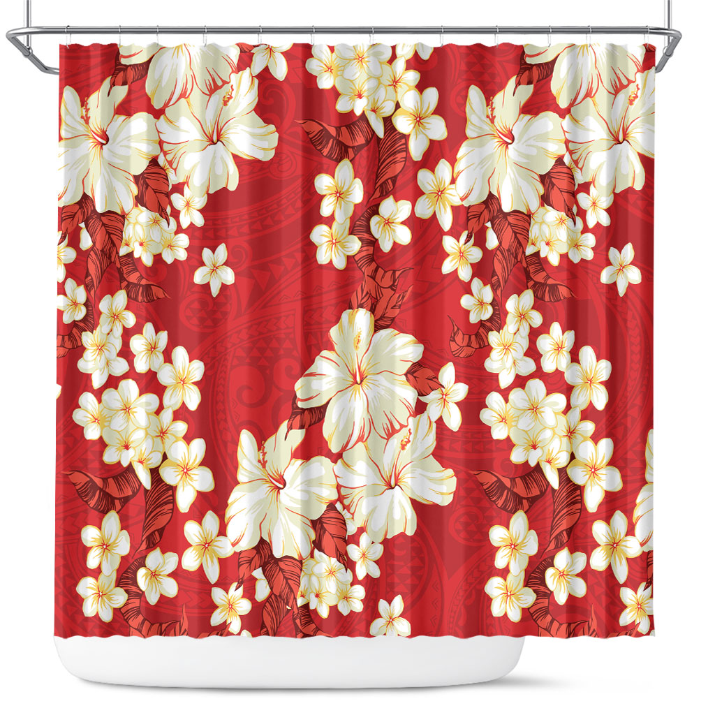 Hawaii Hibiscus Plumeria Red Shower Curtain Polynesian Pattern LT01 Red - Polynesian Pride