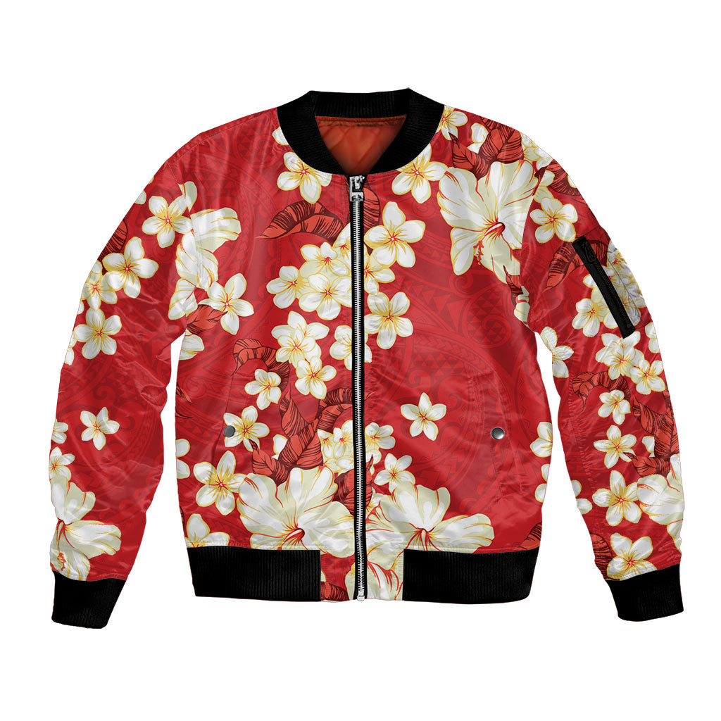 Hawaii Hibiscus Plumeria Red Sleeve Zip Bomber Jacket Polynesian Pattern LT01 Unisex Red - Polynesian Pride