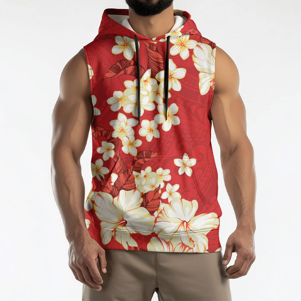 Hawaii Hibiscus Plumeria Red Sleeveless Hoodie Polynesian Pattern