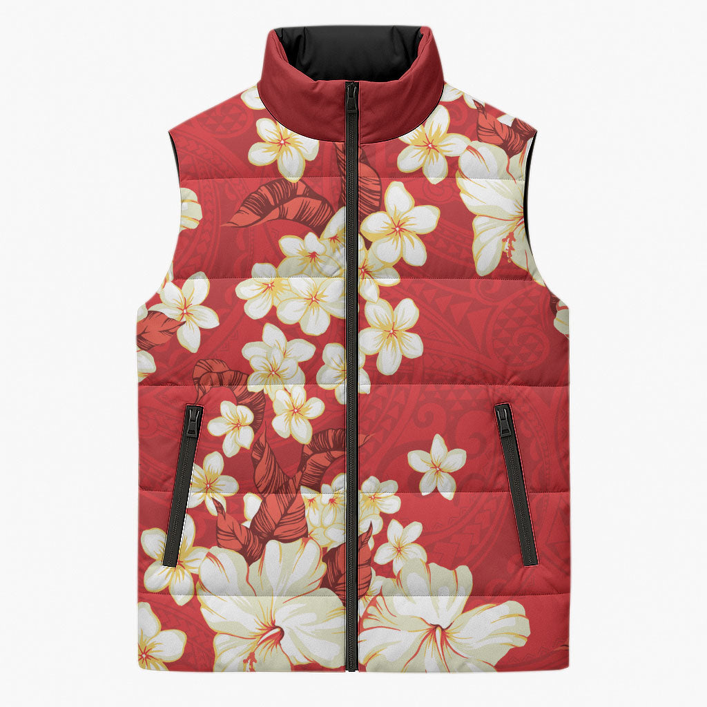 Hawaii Hibiscus Plumeria Red Sleeveless Puffer Jacket Polynesian Pattern LT01 Unisex Red - Polynesian Pride