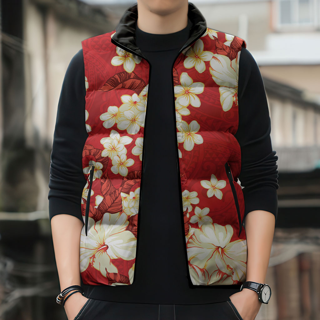 Hawaii Hibiscus Plumeria Red Sleeveless Puffer Jacket Polynesian Pattern LT01 - Polynesian Pride