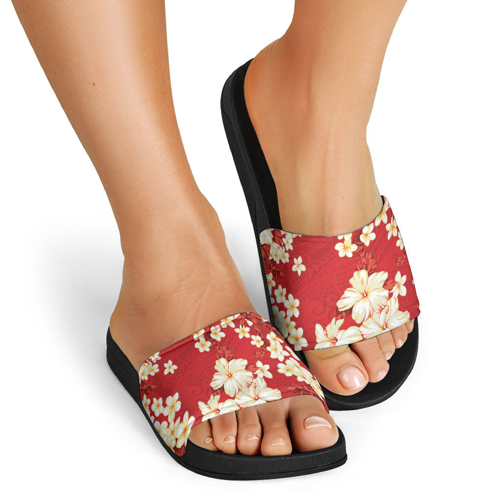 Hawaii Hibiscus Plumeria Red Slide Sandals Polynesian Pattern LT01 - Polynesian Pride