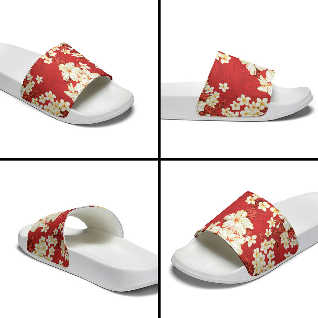 Hawaii Hibiscus Plumeria Red Slide Sandals Polynesian Pattern LT01 - Polynesian Pride