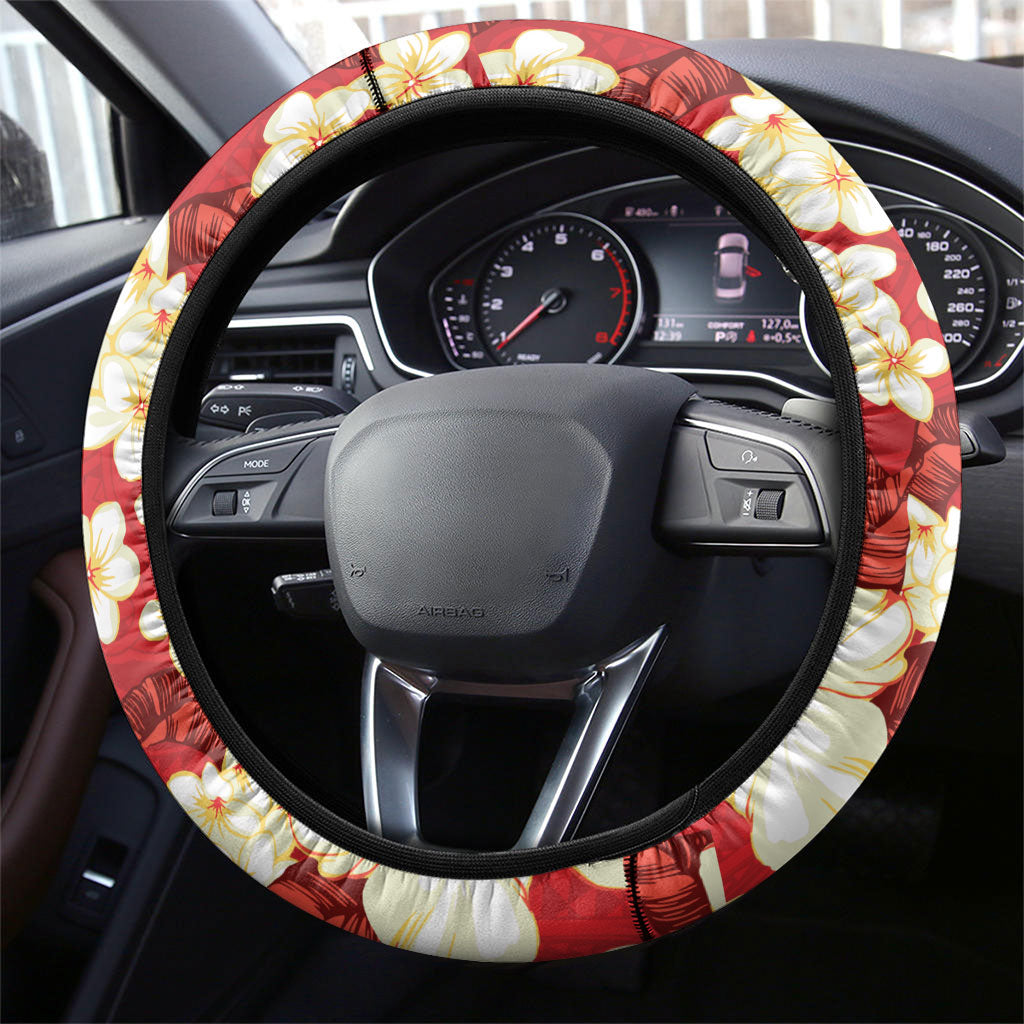 Hawaii Hibiscus Plumeria Red Steering Wheel Cover Polynesian Pattern