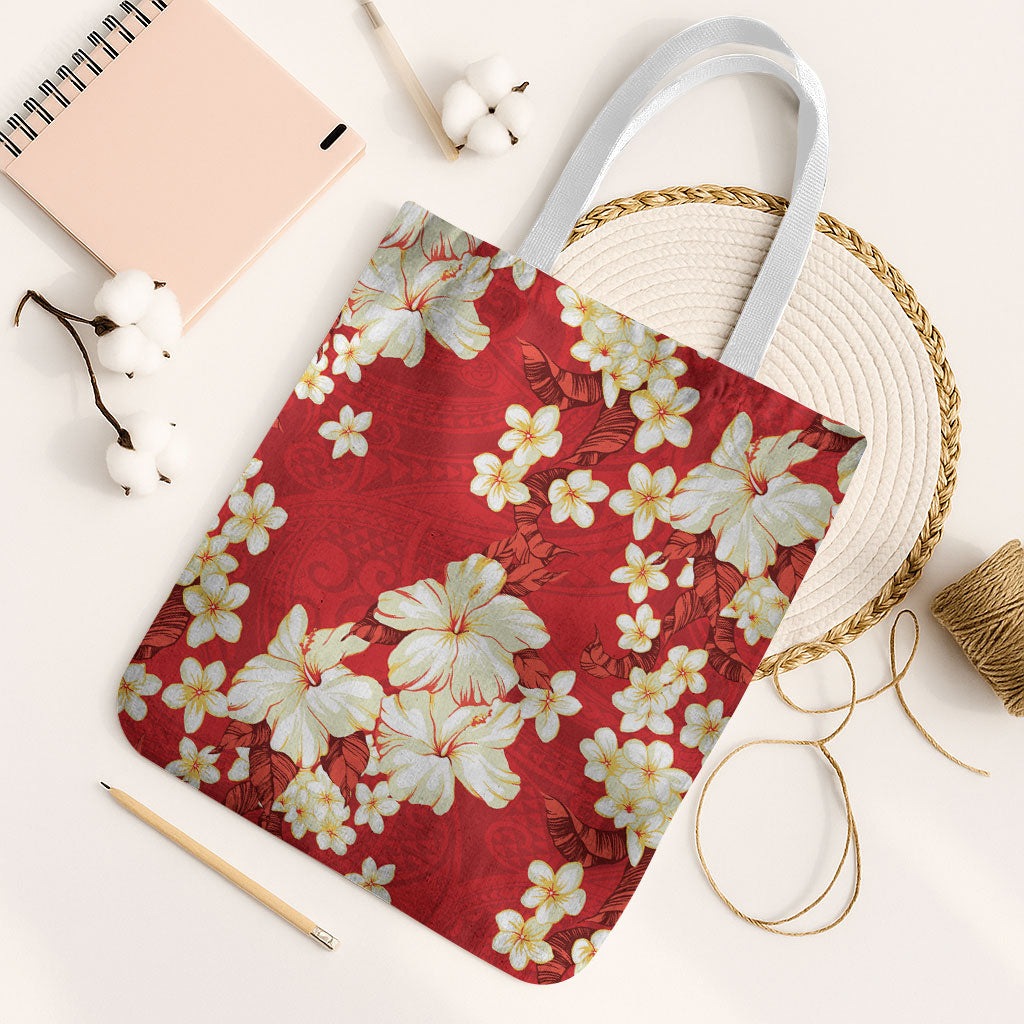 Hawaii Hibiscus Plumeria Red Tote Bag Polynesian Pattern LT01 White Strap One Size Red - Polynesian Pride