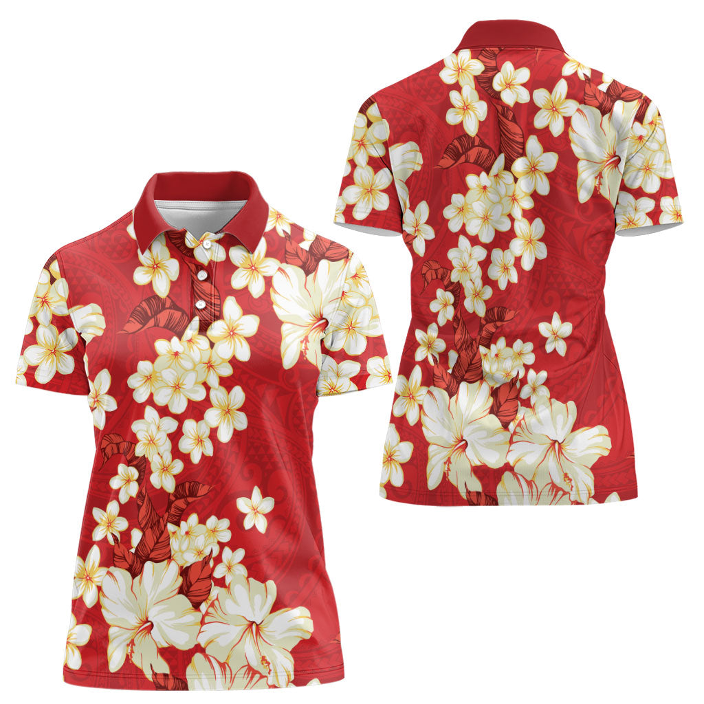 Hawaii Hibiscus Plumeria Red Women Polo Shirt Polynesian Pattern