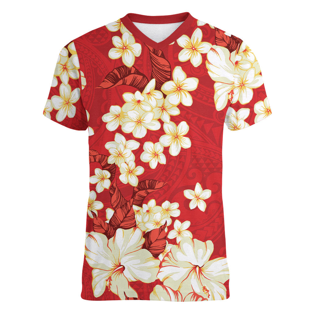 Hawaii Hibiscus Plumeria Red Women V-Neck T-Shirt Polynesian Pattern