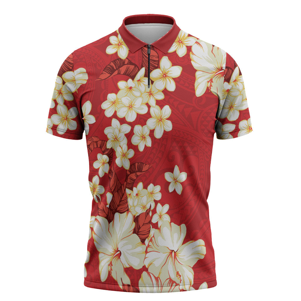 Hawaii Hibiscus Plumeria Red Zipper Polo Shirt Polynesian Pattern LT01 Red - Polynesian Pride