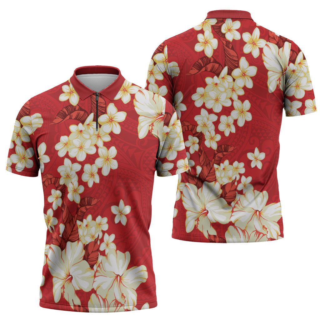 Hawaii Hibiscus Plumeria Red Zipper Polo Shirt Polynesian Pattern LT01 - Polynesian Pride