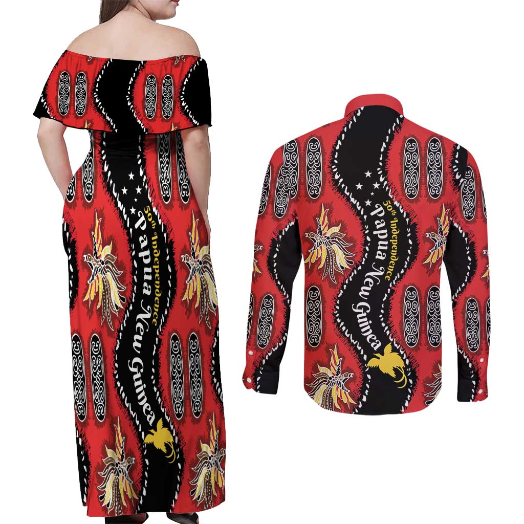 Papua New Guinea 50th Independence Couples Matching Off Shoulder Maxi Dress and Long Sleeve Button Shirt PNG Batik Pattern - Polynesian Pride