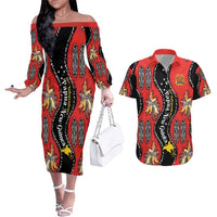 Papua New Guinea 50th Independence Couples Matching Off The Shoulder Long Sleeve Dress and Hawaiian Shirt PNG Batik Pattern - Polynesian Pride