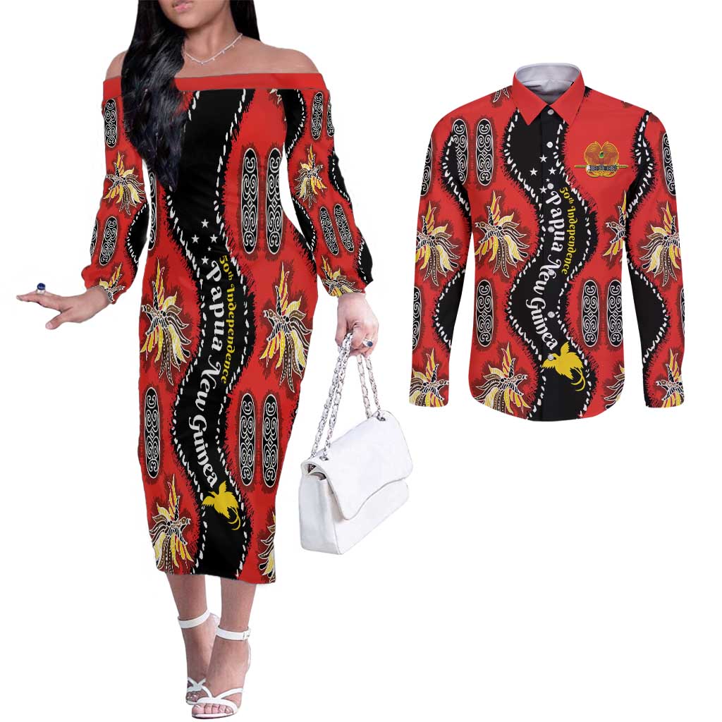 Papua New Guinea 50th Independence Couples Matching Off The Shoulder Long Sleeve Dress and Long Sleeve Button Shirt PNG Batik Pattern - Polynesian Pride