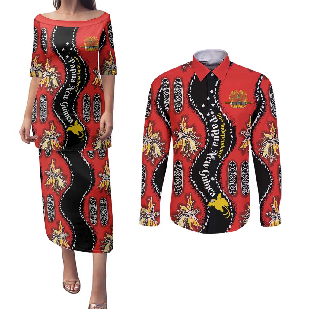 Papua New Guinea 50th Independence Couples Matching Puletasi and Long Sleeve Button Shirt PNG Batik Pattern - Polynesian Pride