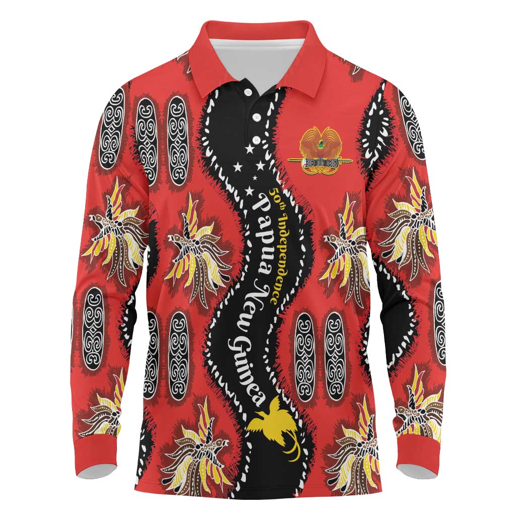 Papua New Guinea 50th Independence Long Sleeve Polo Shirt PNG Batik Pattern - Polynesian Pride