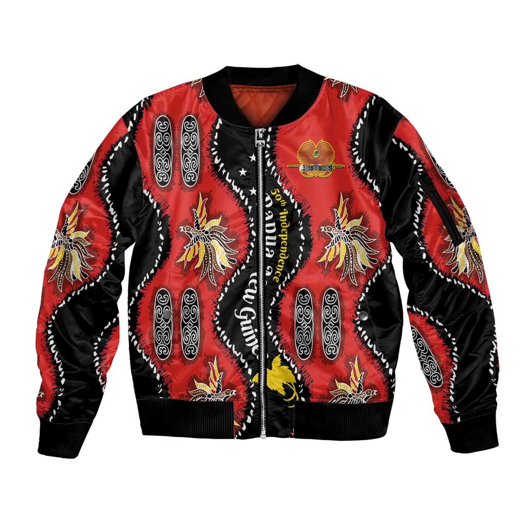 Papua New Guinea 50th Independence Sleeve Zip Bomber Jacket PNG Batik Pattern - Polynesian Pride