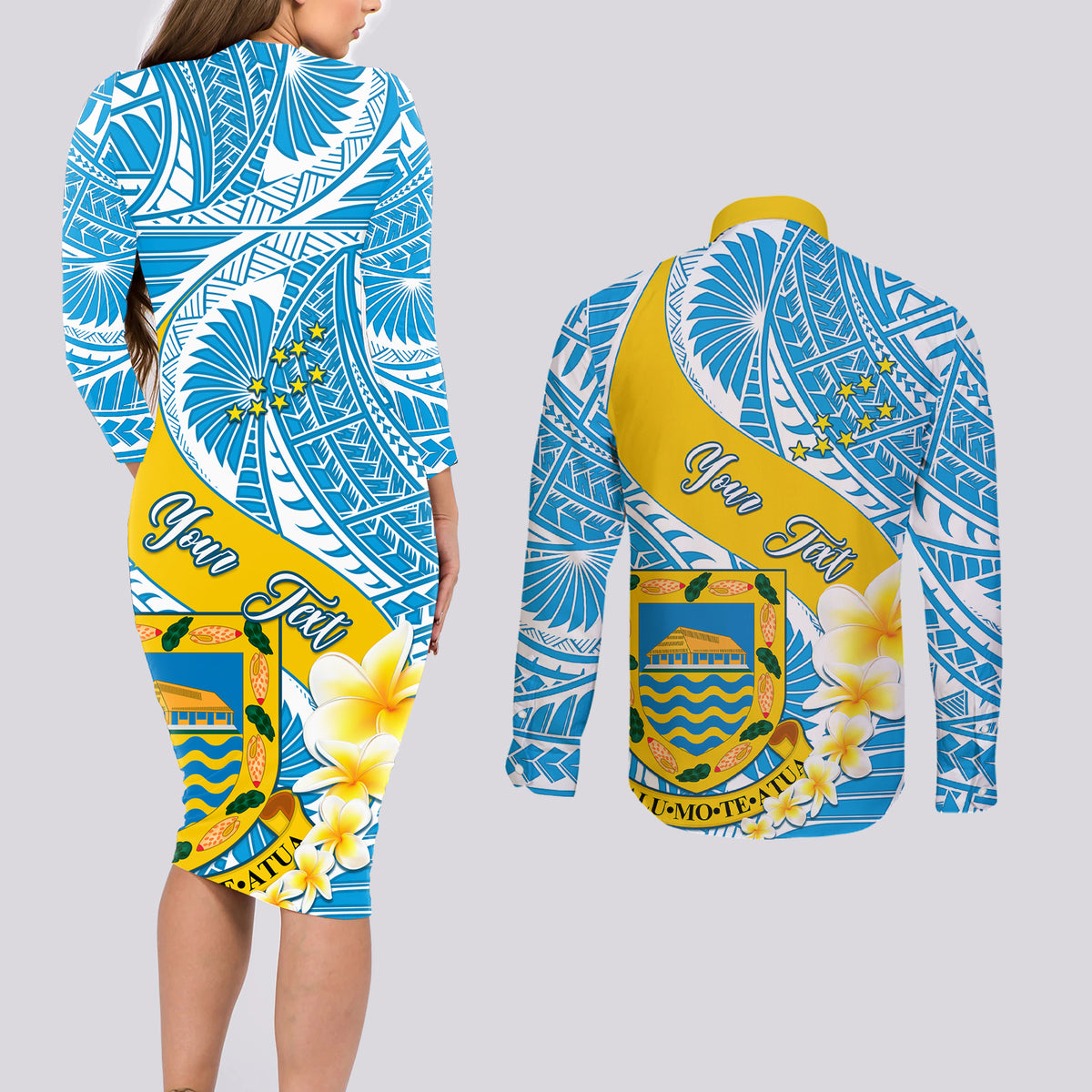 personalised-tuvalu-independence-day-couples-matching-long-sleeve-bodycon-dress-and-long-sleeve-button-shirts-plumeria-45th-anniversary
