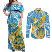 personalised-tuvalu-independence-day-couples-matching-off-shoulder-maxi-dress-and-long-sleeve-button-shirts-plumeria-45th-anniversary