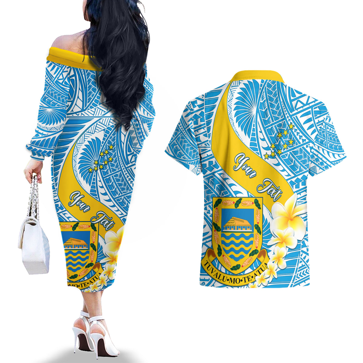 personalised-tuvalu-independence-day-couples-matching-off-the-shoulder-long-sleeve-dress-and-hawaiian-shirt-plumeria-45th-anniversary