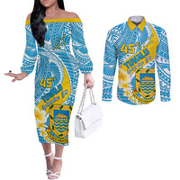 personalised-tuvalu-independence-day-couples-matching-off-the-shoulder-long-sleeve-dress-and-long-sleeve-button-shirts-plumeria-45th-anniversary