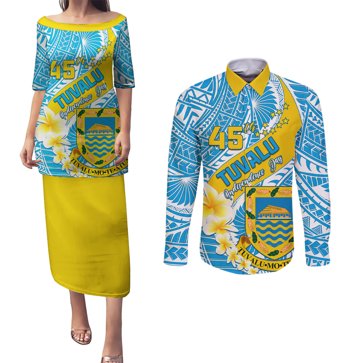 personalised-tuvalu-independence-day-couples-matching-puletasi-dress-and-long-sleeve-button-shirts-plumeria-45th-anniversary