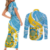 personalised-tuvalu-independence-day-couples-matching-short-sleeve-bodycon-dress-and-long-sleeve-button-shirts-plumeria-45th-anniversary