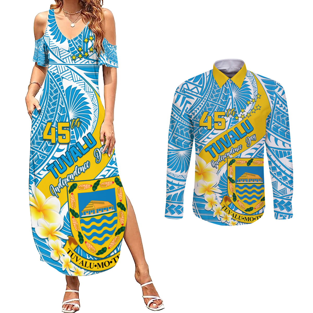personalised-tuvalu-independence-day-couples-matching-summer-maxi-dress-and-long-sleeve-button-shirts-plumeria-45th-anniversary