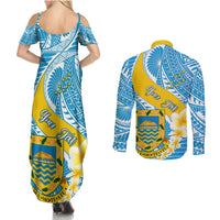 personalised-tuvalu-independence-day-couples-matching-summer-maxi-dress-and-long-sleeve-button-shirts-plumeria-45th-anniversary
