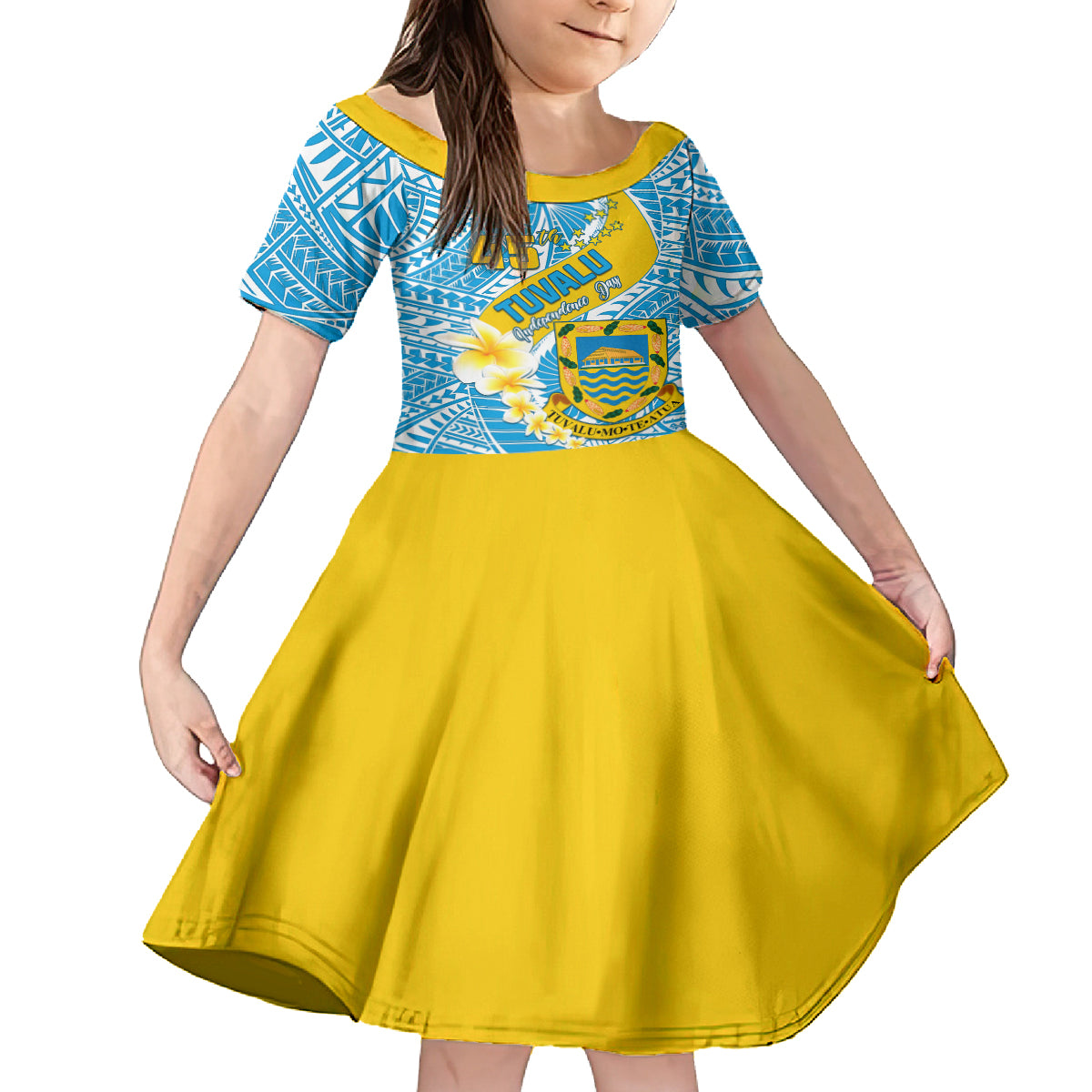 personalised-tuvalu-independence-day-family-matching-off-shoulder-long-sleeve-dress-and-hawaiian-shirt-plumeria-45th-anniversary